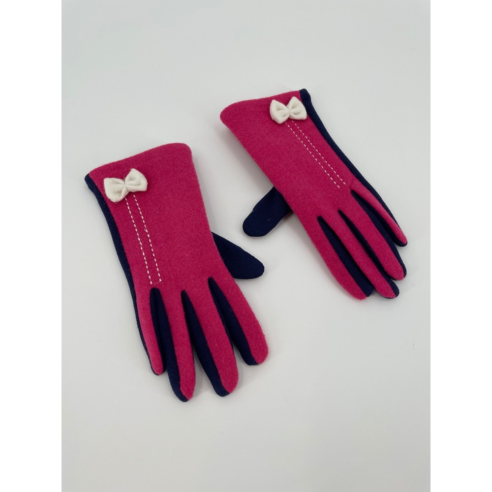 Womens‎ Pink Navy Colorblock Fleece Touchscreen Gloves Bow Winter Small Medium